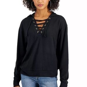 Self Esteem Juniors' Lace-up Hoodie black sweater, top, shirt XS